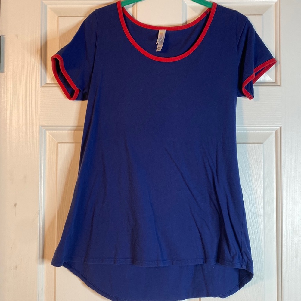 LulaRoe XS Classic Tee, blue background with red trim, 100% Cotton.